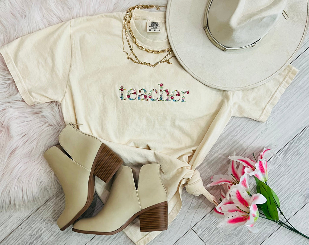 Teacher Floral Embroidered Tee