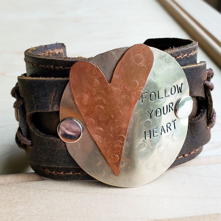FOLLOW YOUR HEART Distressed Leather Cuff Made In Texas!