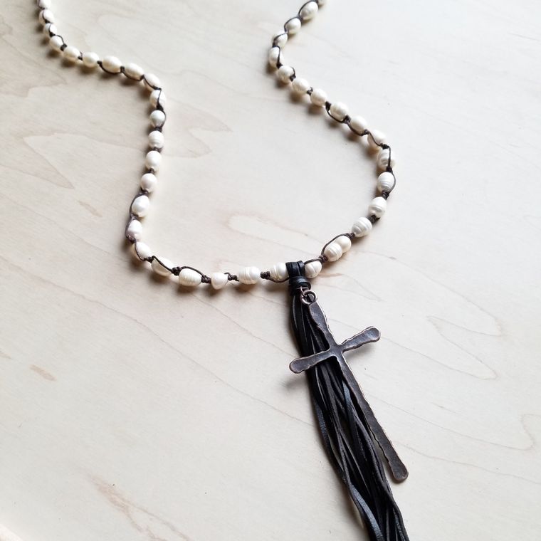 Freshwater Pearl Crochet Necklace with Copper Cross and Tassel