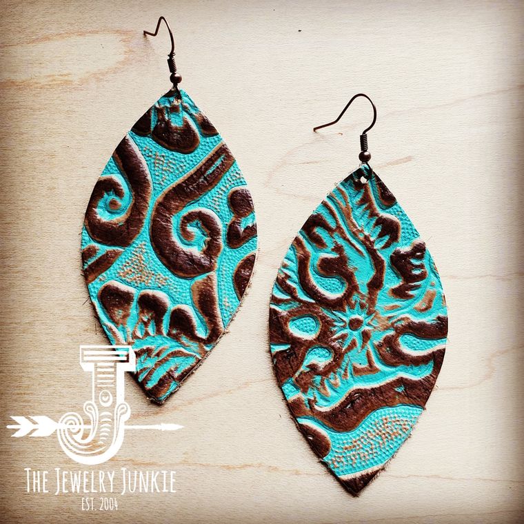 Leather Oval Earrings Cowboy Turquoise- TEXAS MADE!